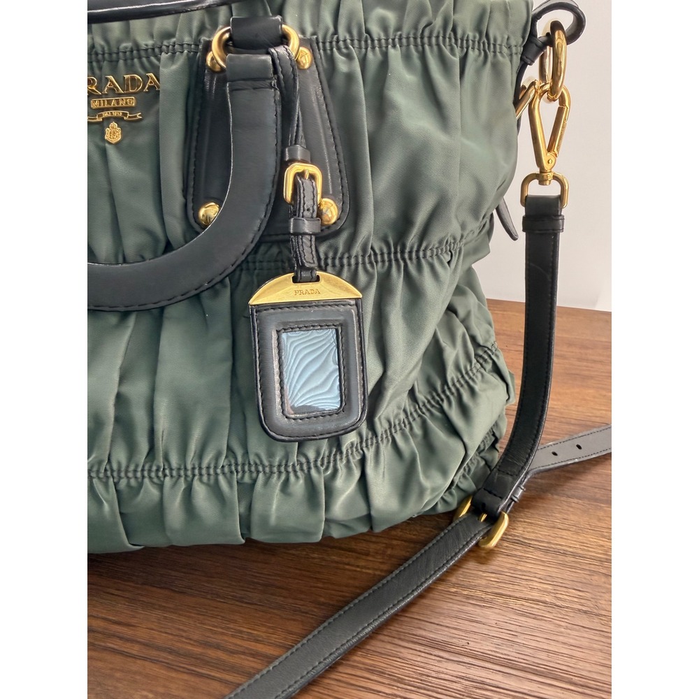 Prada Tessuto Gauffre Ruched Nylon Leather Satchel Bag Green Black Gold Hardware - Picture 2 of 11